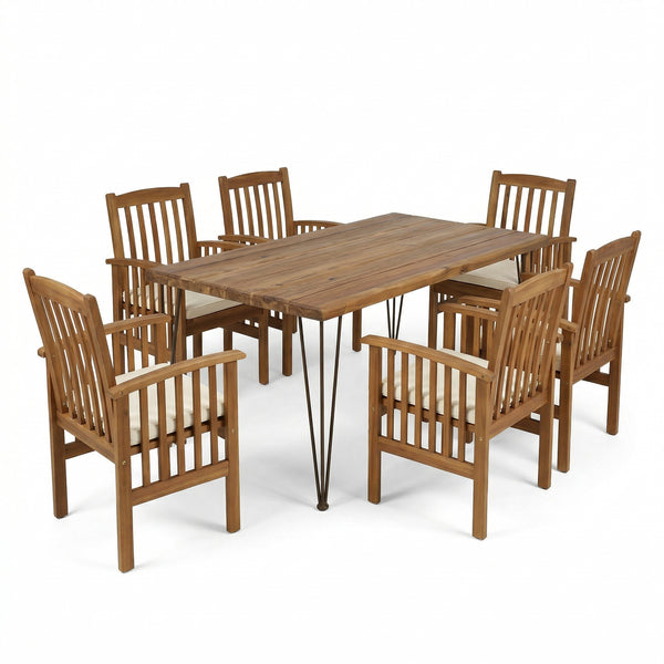 English Elm 7 Piece Solid Acacia Outdoor Dining Set with Teak Finish and Grey Cushioned Chairs N762S000038AAA