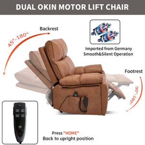 English Elm Orange Leatheraire Dual Motor Power Lift Recliner with Massage Heat and Lumbar W1803P340283