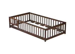 English Elm Twin Solid Rubberwood Floor Bed with Full Perimeter Safety Rails for Toddler Rooms Espresso W504P296781