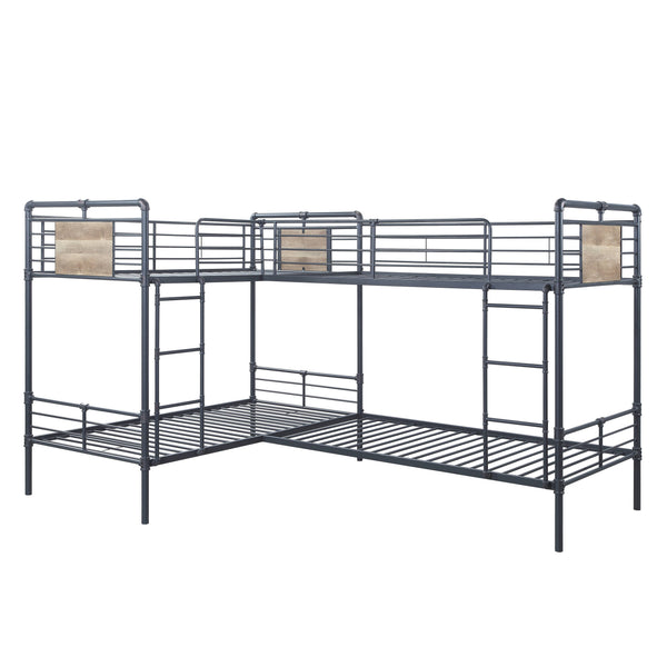 English Elm Cordelia Sandy Black Metal Quadruple Twin L-Shape Bunk Bed, 80 Slats, 660lb Capacity, Guard Rails B2726S00512