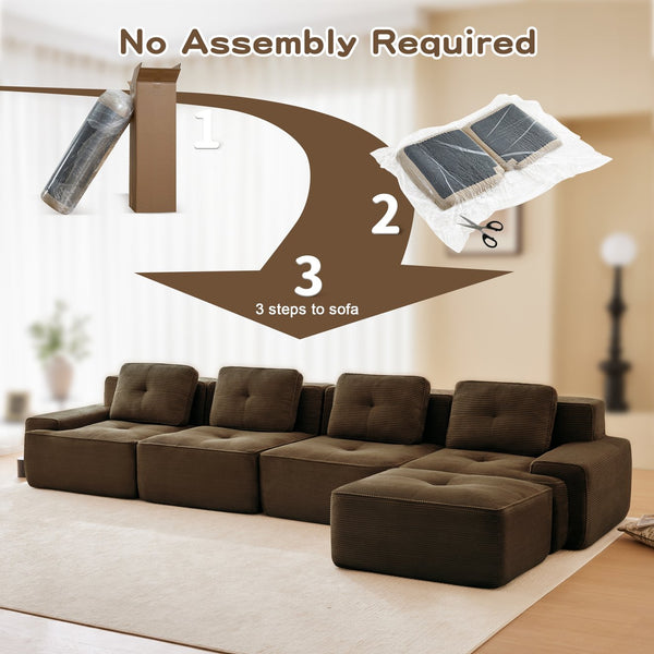 English Elm 153" Modern L-Shaped Modular Sectional Sofa - Cozy Corduroy Couch With Movable Ottoman & Tufted Design W714S01508