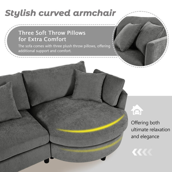 English Elm U_style Chenille Sectional Sofa with Curved Chaise Pine Frame and Three Accent Pillows Grey WY000461AAE