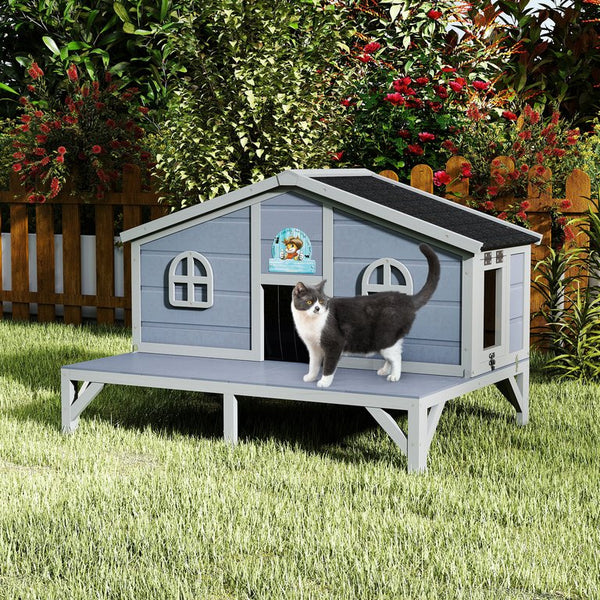 English Elm All Weather Pine Cat Enclosure with Play Pen Fringe Curtains and Lockable Doors W2181P363008