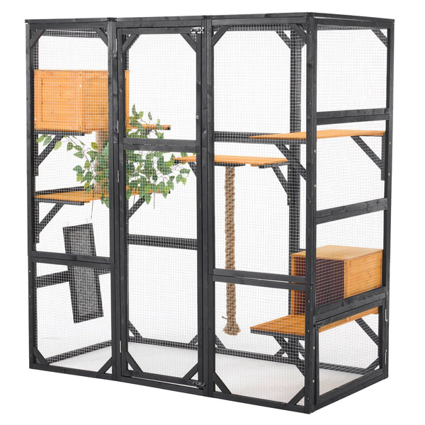 English Elm Outdoor Pine Wood Catio Enclosure with Platforms Condos and Walk-in Access for Cats N719P283198B