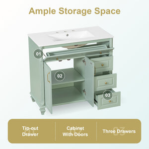 English Elm 36" Forest Green Rubberwood Bathroom Vanity with Ceramic Sink and Golden Hardware N725P356069F