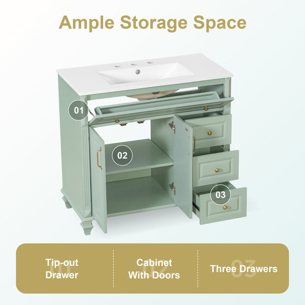 English Elm 36" Forest Green Rubberwood Bathroom Vanity with Ceramic Sink and Golden Hardware N725P356069F