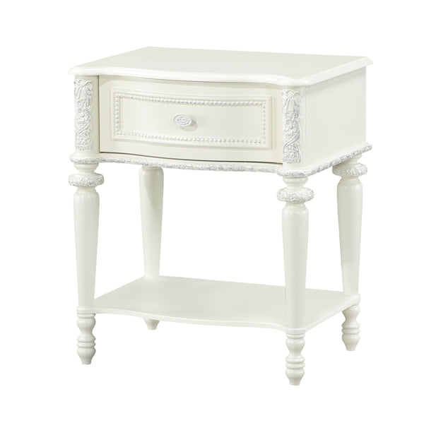 English Elm Dorothy Ivory Finish Nightstand with Tilted Beveled Oval Mirror, 1 Drawer Storage, Transitional Style B2726P361451