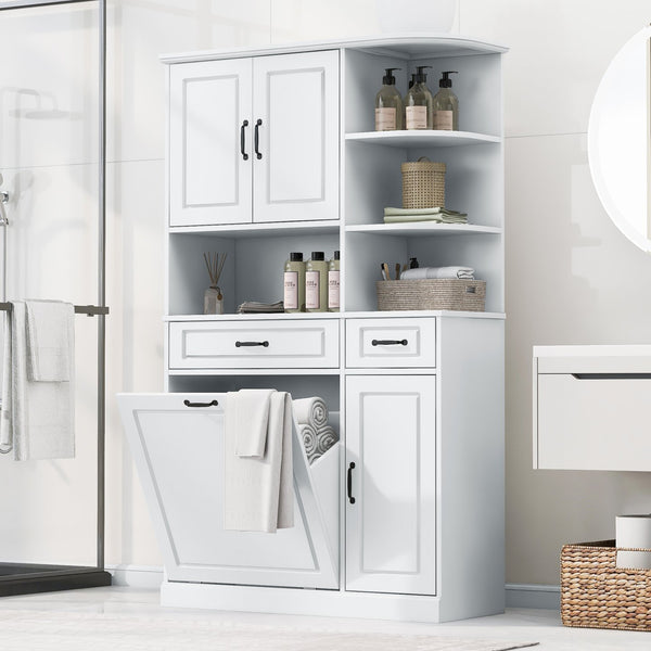 English Elm Tall Freestanding Organizer Cabinet with Tilt-Out Hamper, 2 Drawers, Adjustable Shelves, Modern White MDF Storage N725S352451K