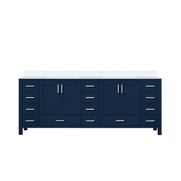 English Elm Navy Double Bath Vanity 84" W x 22" D with White Quartz Top – Solid Wood, Soft-Close, 14 Drawers B2731P258990