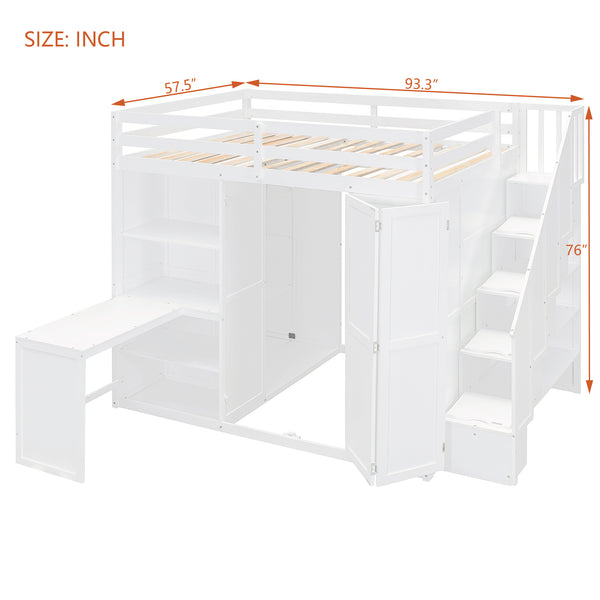 English Elm Full Size Loft Bed with Wardrobe Desk and Shelving for Modern Teen Bedroom White LT000679AAK-1
