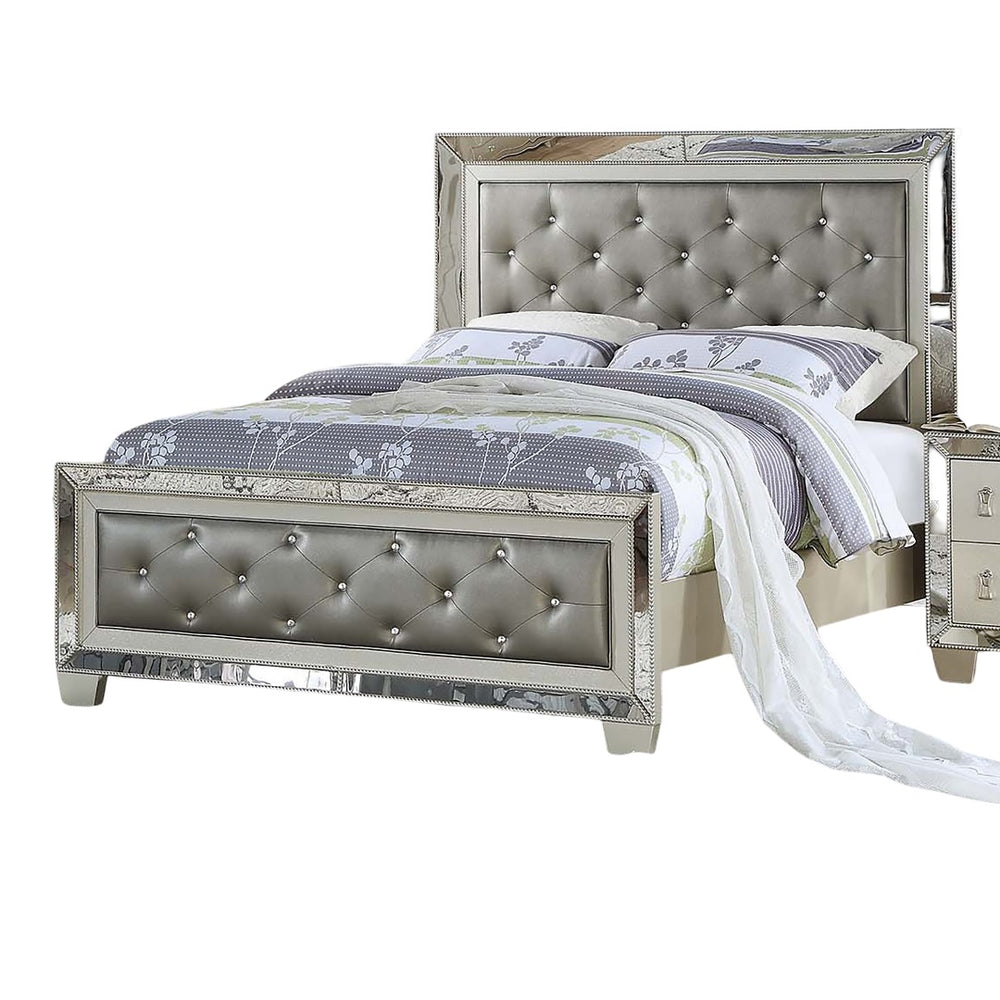 English Elm Glamorous Upholstered Tufted Queen Bed with Mirrored Trim and Luxurious Button Detail for Glam Bedrooms Grey,Silver 87 L x 10 W x 5 H B011S01991