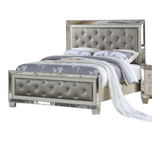 English Elm Glamorous Upholstered Tufted Queen Bed with Mirrored Trim and Luxurious Button Detail for Glam Bedrooms Grey,Silver 87 L x 10 W x 5 H B011S01991