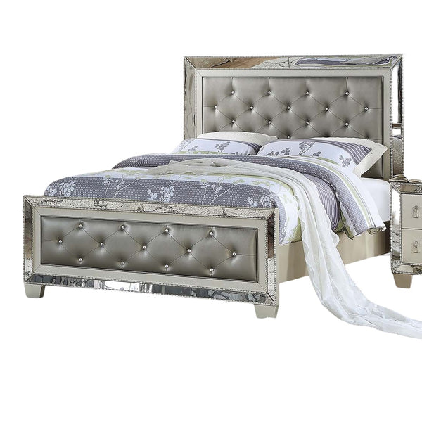 English Elm Glamorous Upholstered Tufted Queen Bed with Mirrored Trim and Luxurious Button Detail for Glam Bedrooms Grey,Silver 87 L x 10 W x 5 H B011S01991