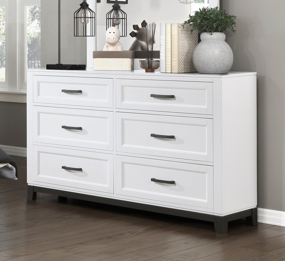 English Elm White Six Drawer Dresser with Picture Frame Fronts and Metallic Accents for Bedroom B011P270965