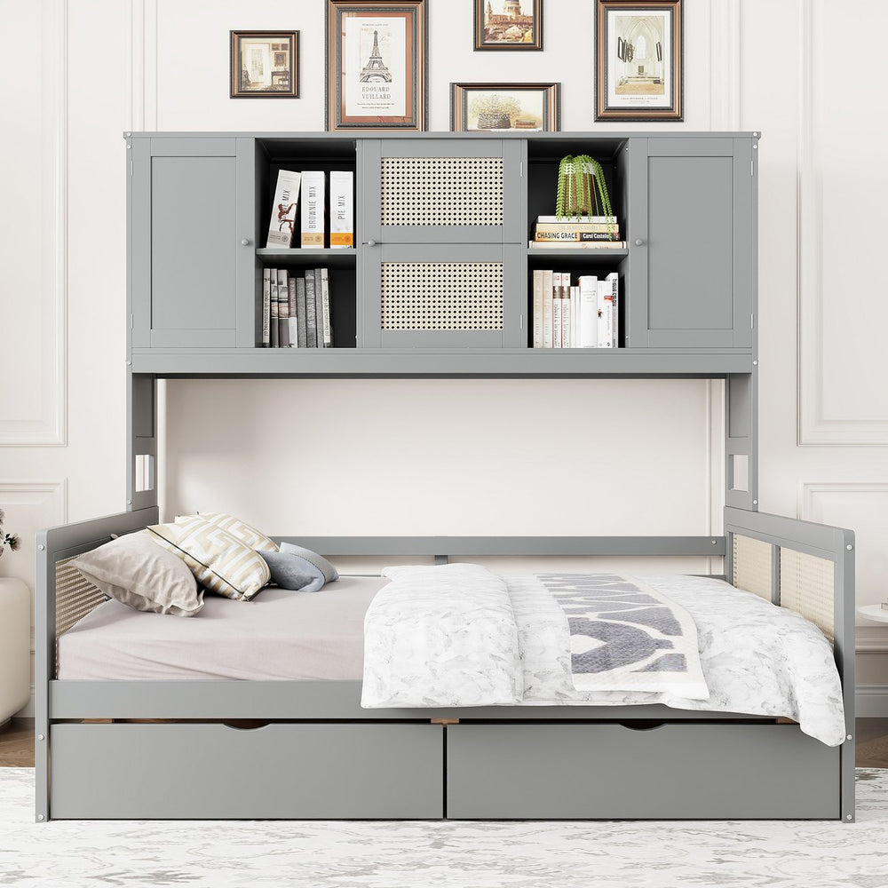 English Elm Full Size Wooden Daybed With Storage Drawers, Integrated Shelving, Stylish Gray Finish For Bedrooms N820S00042E