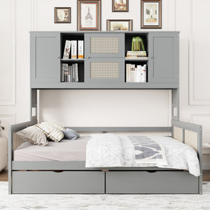 English Elm Full Size Wooden Daybed With Storage Drawers, Integrated Shelving, Stylish Gray Finish For Bedrooms N820S00042E