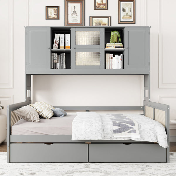 English Elm Full Size Wooden Daybed With Storage Drawers, Integrated Shelving, Stylish Gray Finish For Bedrooms N820S00042E