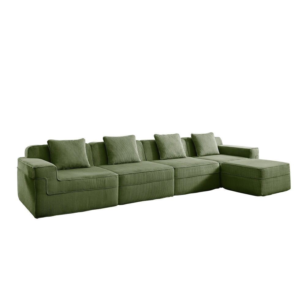English Elm Modular L-Shaped Sectional Sofa In Plush Green Corduroy - Cloud-Like Comfort With Movable Ottoman & Pillows W3041S00335