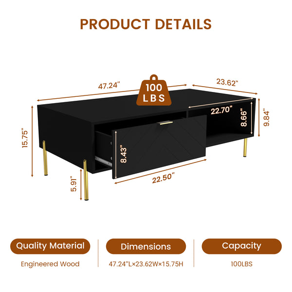 English Elm Mid-century Modern Coffee Table with Dual Drawers Tapered Legs and Open Storage Shelf Black T3609P482850