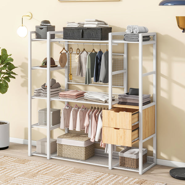 English Elm Open-Style Wardrobe Storage System with Heavy-Duty Metal Frame, Rails, Shelves & Drawers - Sleek Durable Design for Organized Living White SF000087AAK