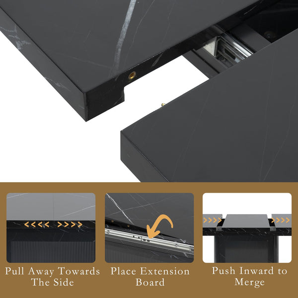 English Elm 47.24"-63"Modern Rectangle Dining Table with Extendable Top, Printed Marble Look, Sturdy Steel Base & Storage Black W757P331963