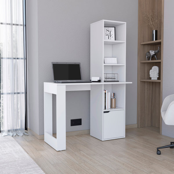English Elm Iowa White Computer Desk with 4-Tier Bookcase and Cabinet — Compact Engineered Wood Workspace, Storage B070P188863