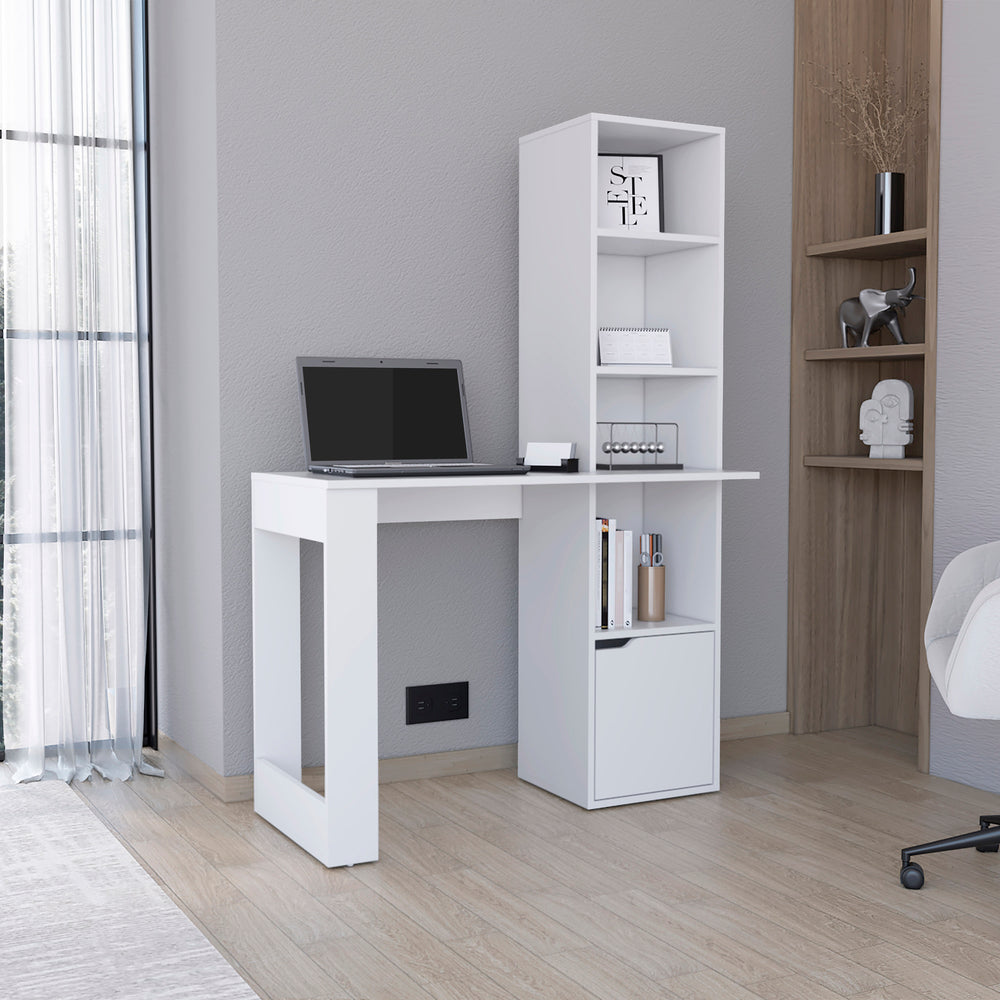 English Elm Iowa Writing Desk with Open 4-tier Shelving and Cabinet for Small Home Offices B200P188863