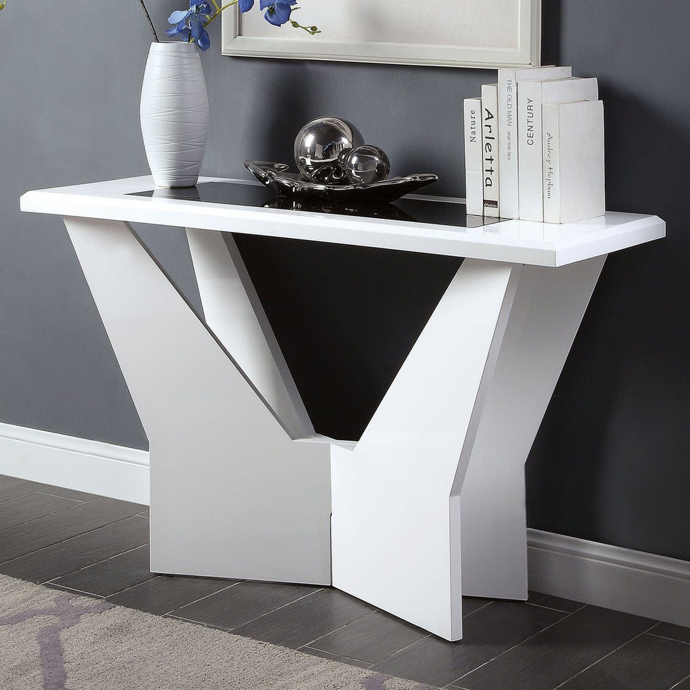 English Elm White glossy end table with geometric base and black tempered glass insert for modern statement decor White 53 L x 34 W x 6 H B2741P362598