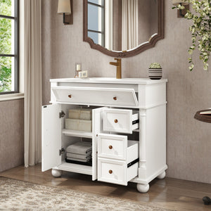 English Elm 35.6" Freestanding Bathroom Vanity with Roman Column Base and Ceramic Integrated Sink W1801S00009