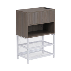 English Elm Full Size Metal Platform Bed With Stylish Storage Shelves & Cushioned Footrest For Organized Living N737P199334K