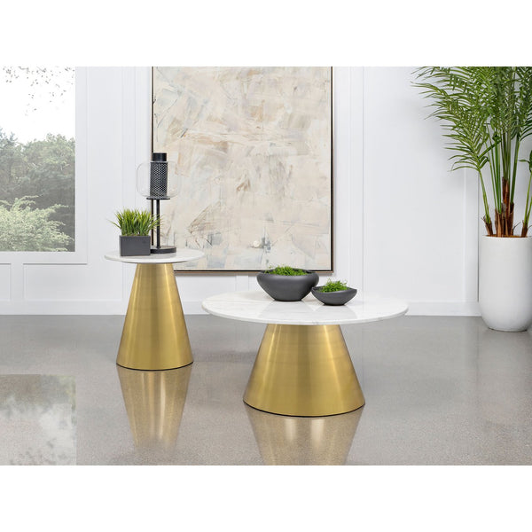 English Elm Landry Genuine Marble Top Round End Table with Gold Pedestal Base for Glam Interiors B062S01410