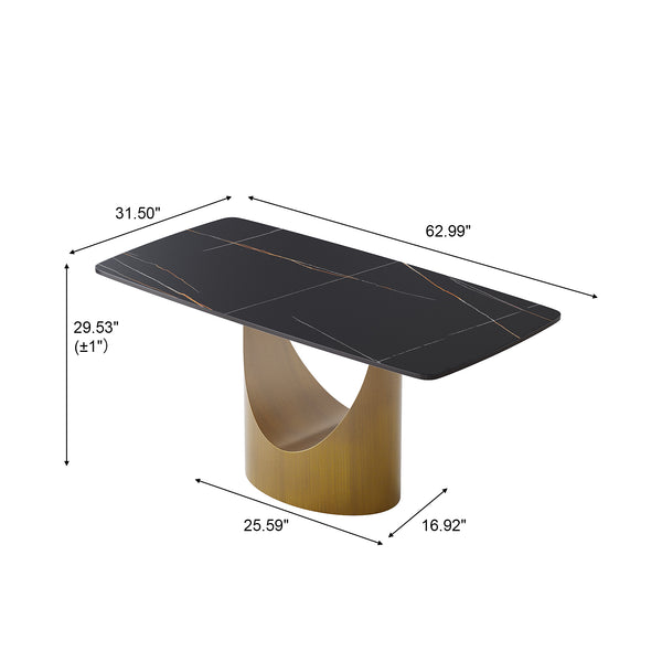English Elm 63" Modern Artificial Stone Dining Table With Curved Black Panel And Bronze Iron Legs For 6-8 People W1535S00550