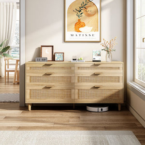 English Elm 59" Rattan Dresser with 6 Spacious Drawers, Stylish Woven Texture, Metal Handles & Wood Legs for Bedroom Natural W757P209511