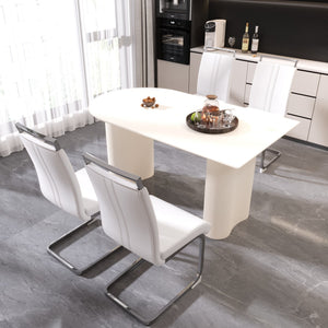 English Elm 63 Inch Cream Mdf Dining Set with Pu Chairs and Silver Metal Bases Seats Four W2189S00904