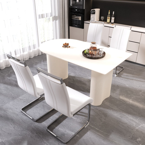 English Elm 63 Inch Cream Mdf Dining Set with Pu Chairs and Silver Metal Bases Seats Four W2189S00904