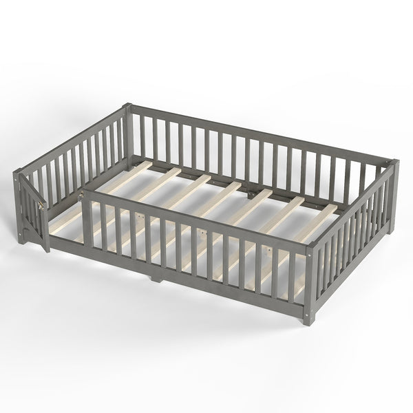 English Elm Twin Floor Bed Solid Pine Frame with Guardrails and Door for Safe Kid Sleep W1580P433578