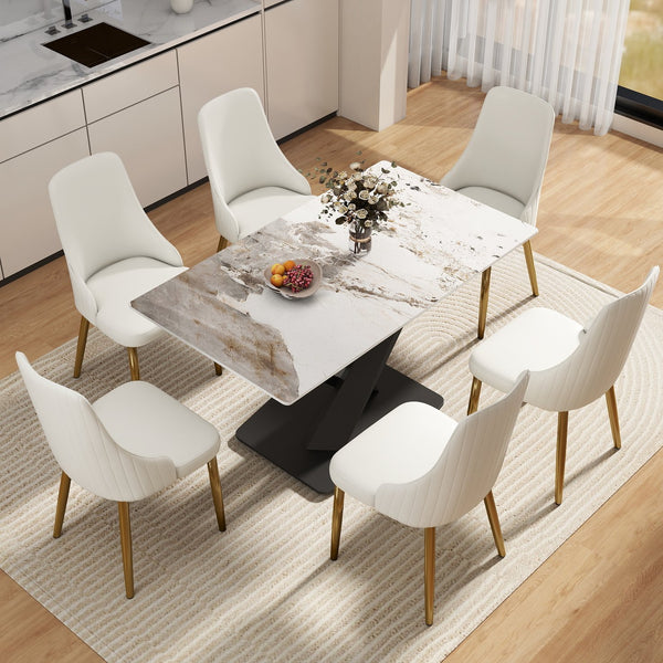 English Elm 55.12" Modern Artificial Stone Dining Table With Black Metal X-Leg Base For 6 - Stylish & Durable W1535S00539