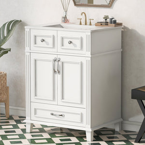 English Elm 24'' Retro Bathroom Vanity Solid Rubberwood Frame Ceramic Sink Soft Close Storage White N710P405405K