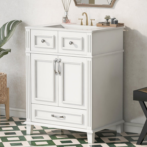 English Elm 24'' Retro Bathroom Vanity Solid Rubberwood Frame Ceramic Sink Soft Close Storage White N710P405405K