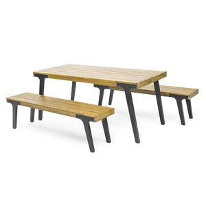 English Elm Christopher Knight Home® - 1 Acacia Outdoor Dining Table with 2 Benches - UV‑Treated Polywood Slats, Rust‑Resistant Metal Frame, Seats 6 74323.00_74322.00