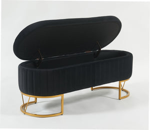 English Elm Oval Velvet Storage Bench with Metal Legs — Luxurious Upholstered Ottoman with Lift-Top Storage, 300lb Capacity, Modern Decorative Seating Black T3903P372931