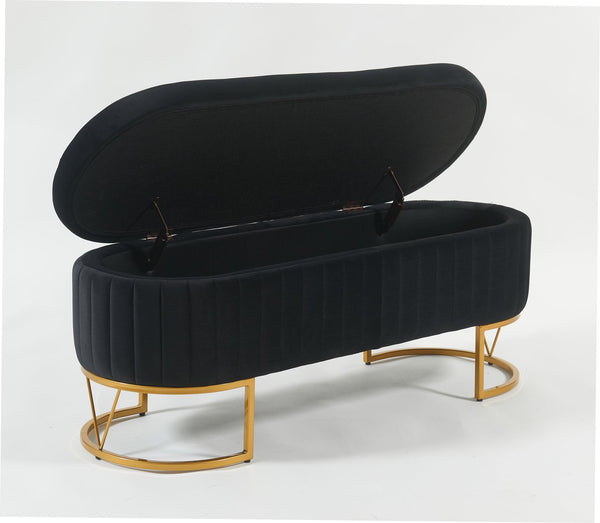 English Elm Oval Velvet Storage Bench with Metal Legs — Luxurious Upholstered Ottoman with Lift-Top Storage, 300lb Capacity, Modern Decorative Seating Black T3903P372931