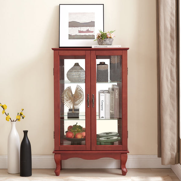 English Elm 2 Doors Curio Cabinet With Adjustable Shelves, Lighted Display & Mirrored Back For Home Or Office W2275P177196