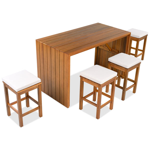 English Elm 5 Piece Acacia Wood Outdoor Bar Set with Four Cushioned Stools for Patio Dining N704G201252K