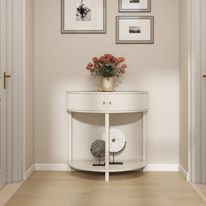 English Elm Artisan-crafted Demi-lune Console Sculptural Wave Drawers Vanilla Lacquer Hallway Accent Cream White W2557P329370