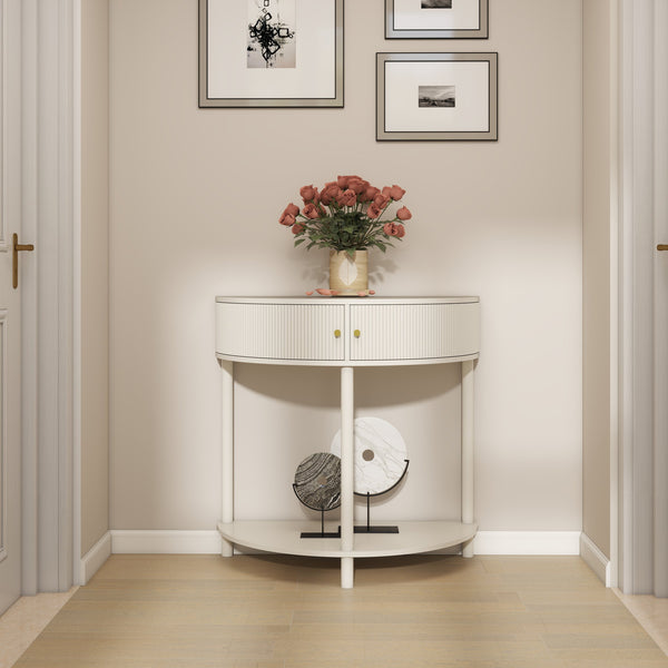 English Elm Artisan-crafted Demi-lune Console Sculptural Wave Drawers Vanilla Lacquer Hallway Accent Cream White W2557P329370