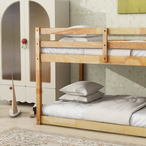 English Elm Solid Wooden Twin Over Twin Floor Bunk Bed With Ladder – Durable Rubberwood, Stylish & Safe Design W504P191652-GIGA