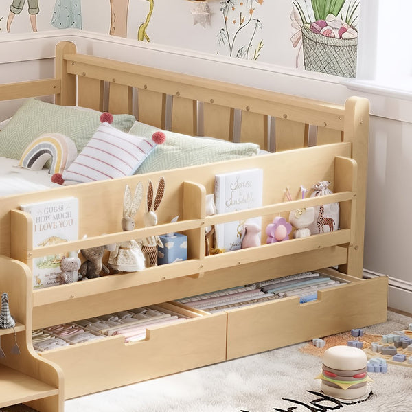 English Elm Queen Bunk Bed with Trundle Solid Pine Kids Car Themed Frame Built-in Bookshelf Light Natural W1580S00544