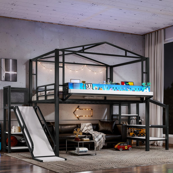 English Elm Twin Metal Loft Bed with Built-in Wardrobe Storage Stairs Led Lights and Usb Ports W5316S00047