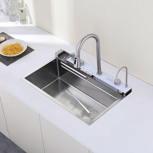 English Elm Pull-out Faucet Stainless Steel Kitchen Sink with Waterfall Spout and Digital Temp Display T3177P370631